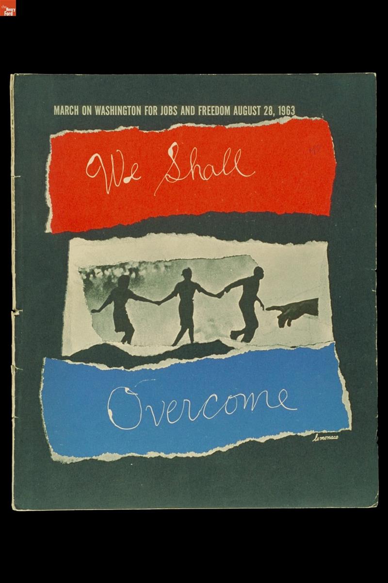 Print with red, white, and blue graphic bars with text and images inside them