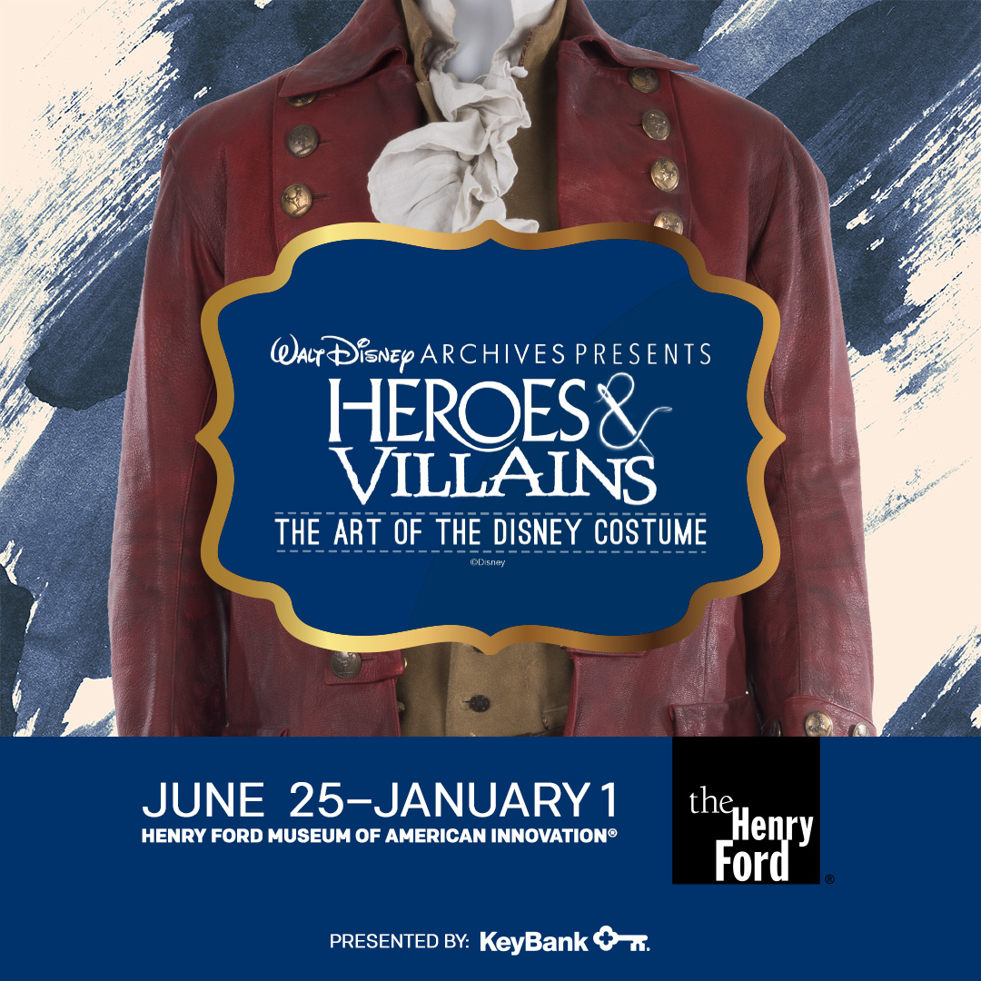 Poster for Heroes and Villains: The Art of the Disney Costume. Graphic with a close-up of a brown coat with cravat; also contains text