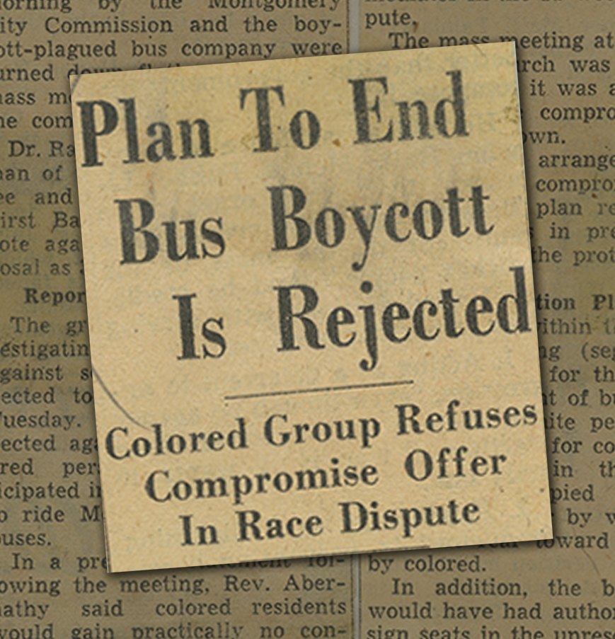 Newspaper headline enlarged over background of yellowed newspaper article text
