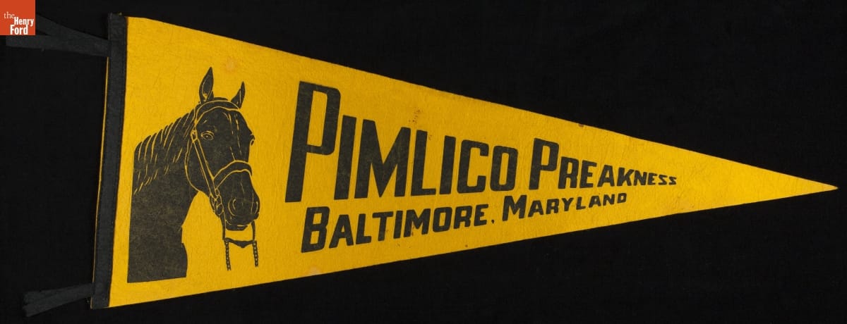 Pennant, "Pimlico Preakness, Baltimore, Maryland," 1940-1965 Triangular yellow pennant with portrait of horse and text