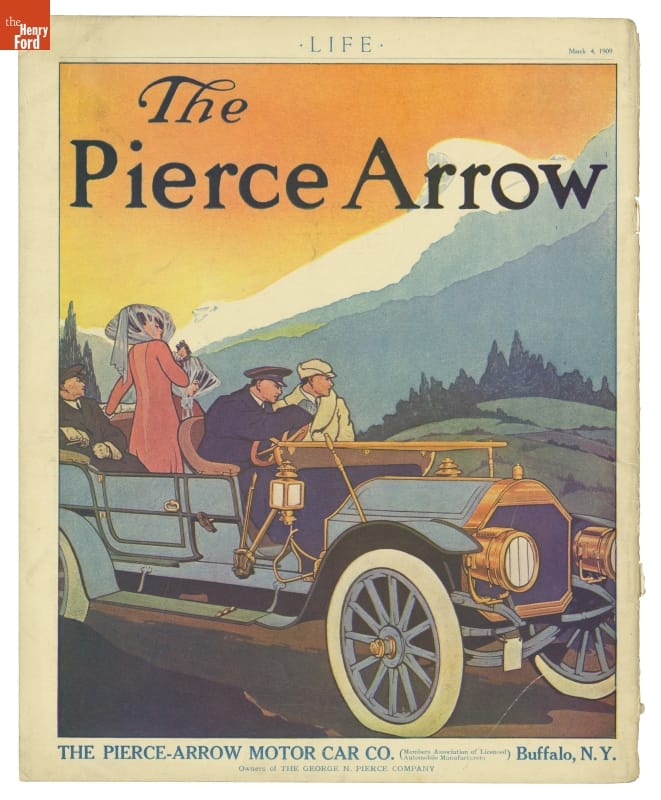 Color print of people in long, open blue car; also contains text