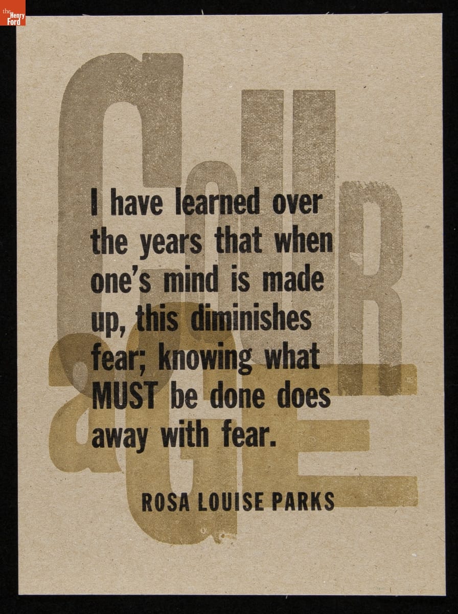 Print with large gray and gold letters in background spelling "COURAGE"; additional black text in foreground