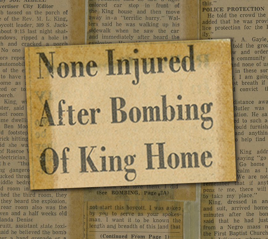 Newspaper headline enlarged over background of yellowed newspaper article text