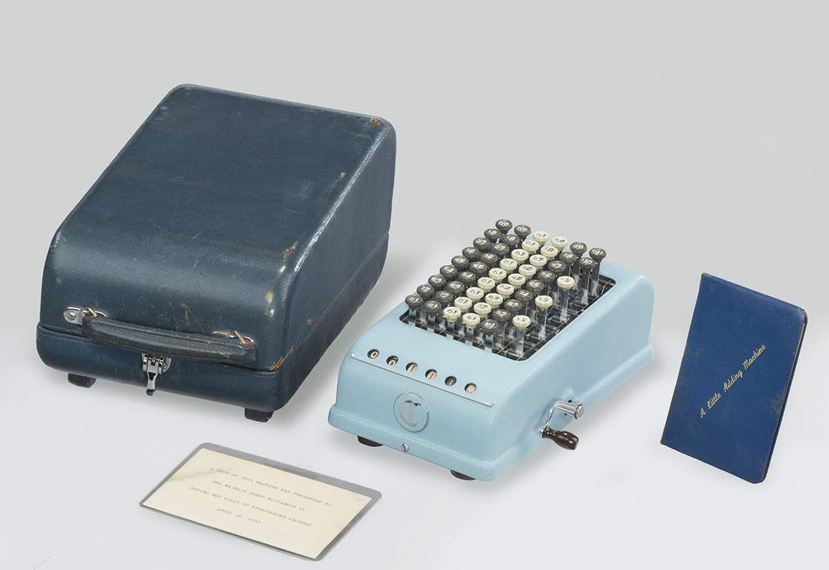 Baby blue adding machine with dark turquoise cover and two cards
