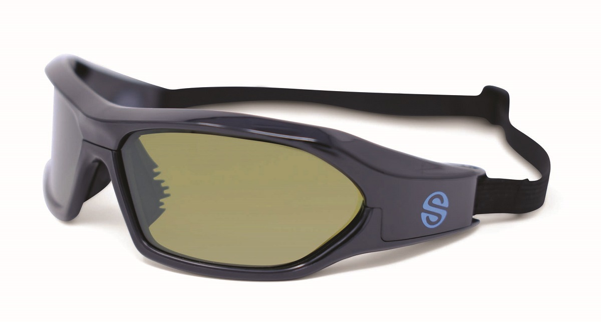 Pair of thick gray glasses or goggles with an elastic band