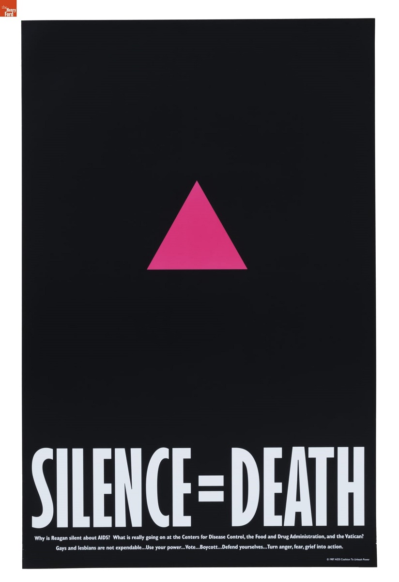 Black poster with pink triangle and text "SILENCE=DEATH"