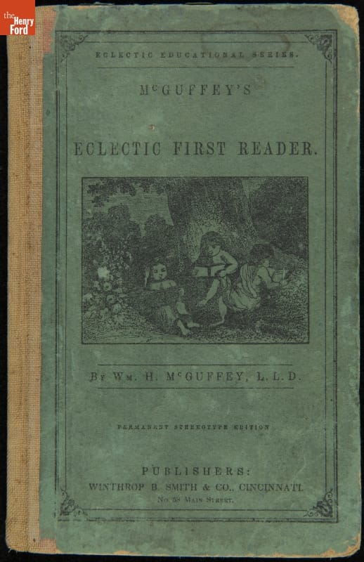 Blue book cover with illustration of children reading at the base of a tree; also contains text