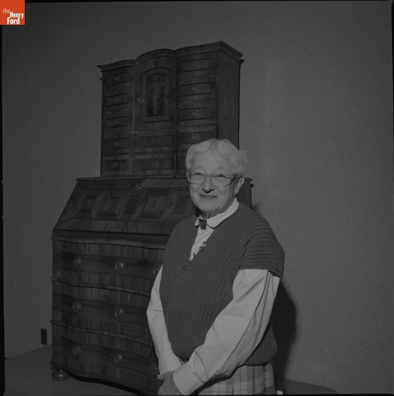 Donor Ruth Adler Schnee with Secretary Desk at Henry Ford Museum Donor Ruth Adler Schnee with Secretary Desk at Henry Ford Museum