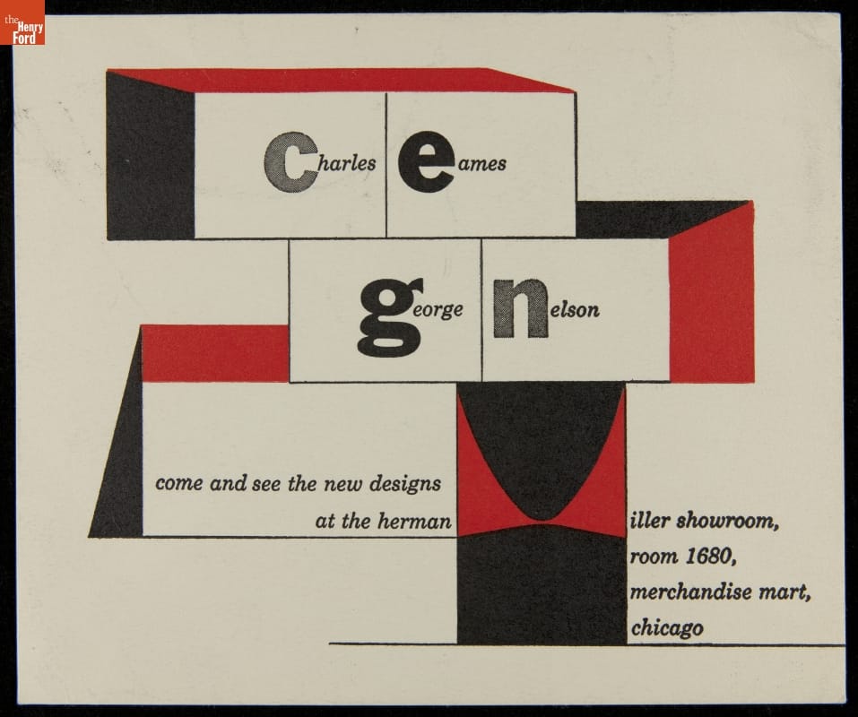 Graphic card containing geometric shapes, some in red and black, and text