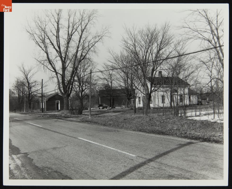 Several buildings visible within a group of trees at the side of a road