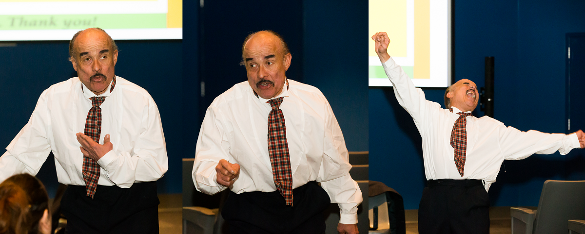 Man in white dress shirt and plaid tie in three poses: hand to chest, pointing, and arms stretched to the sky