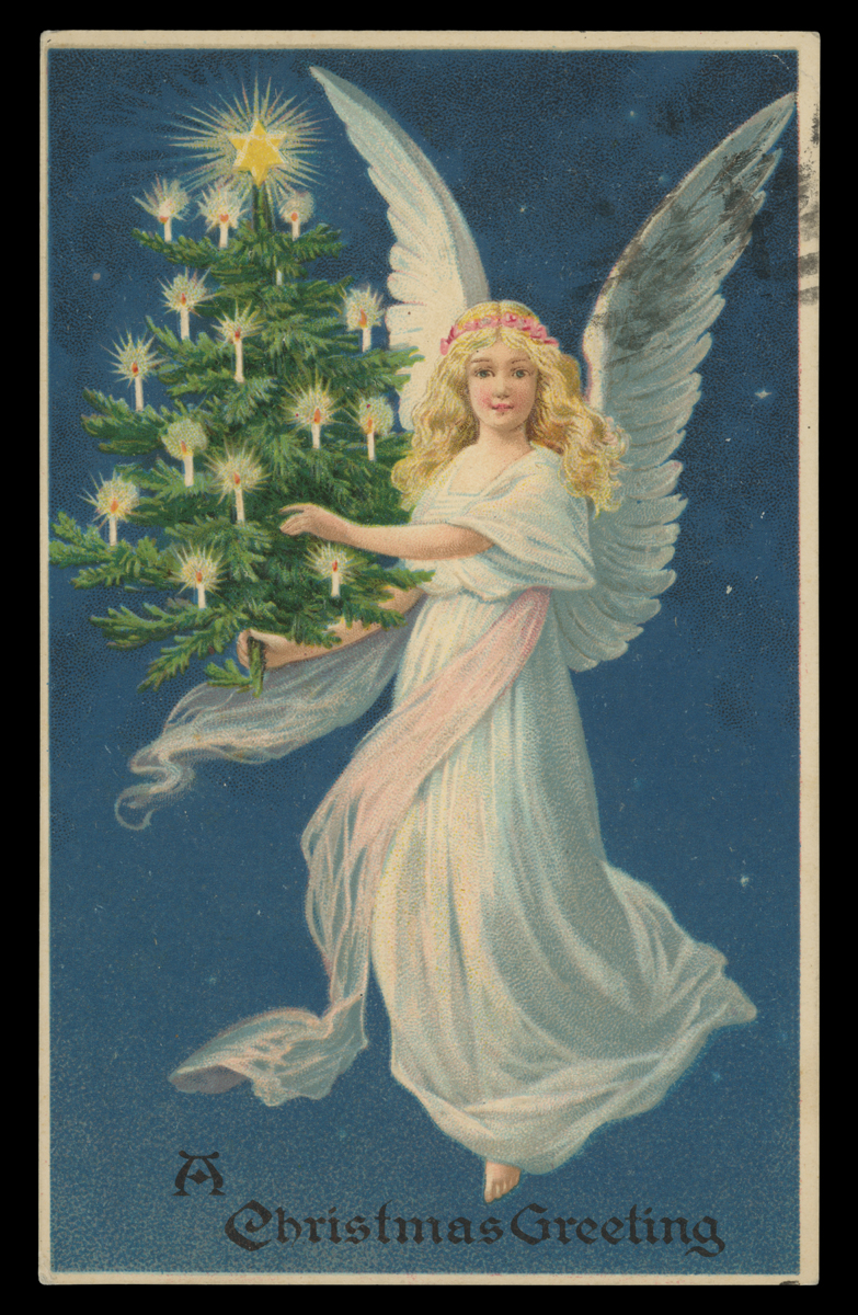 Vertical blue postcard with image of winged angel in white robes holding a small Christmas tree lit with candles; also contains text