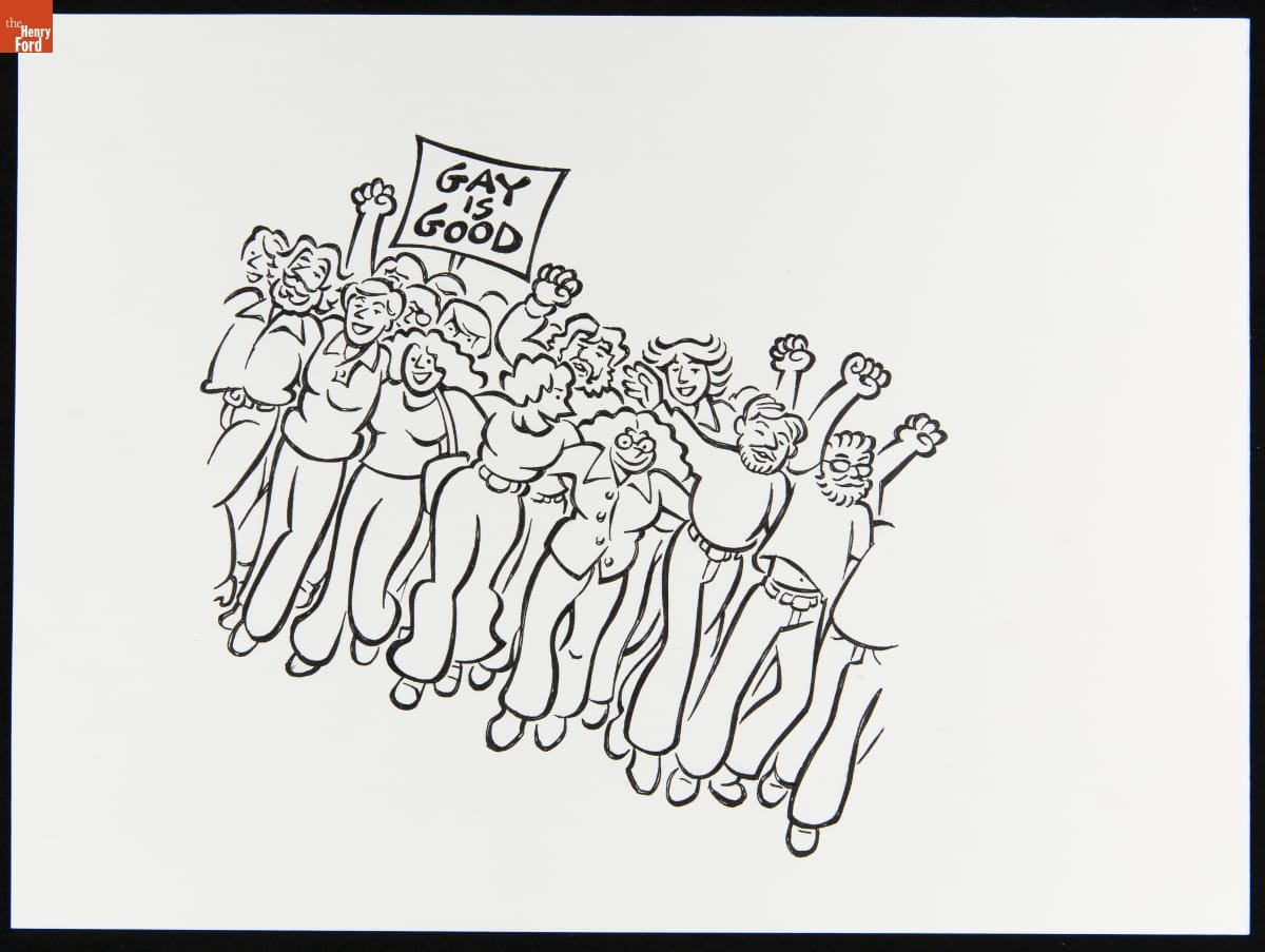 Line drawing depicting group of people arm-in-arm, some with hands in the air, one holding a sign reading "Gay Is Good"