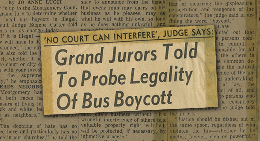 Newspaper headline enlarged over background of yellowed newspaper article text