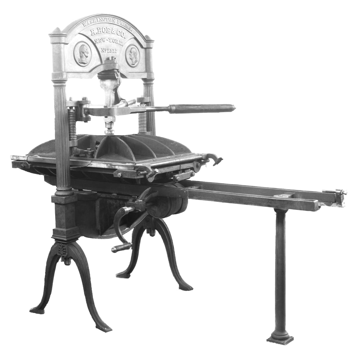 Washington press, circa 1848, decorated with reliefs of George Washington and Benjamin Franklin.