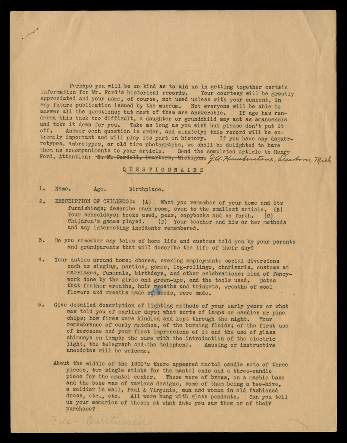 Questionnaire for Edison Institute Historical Records, 1929 (Page 1)