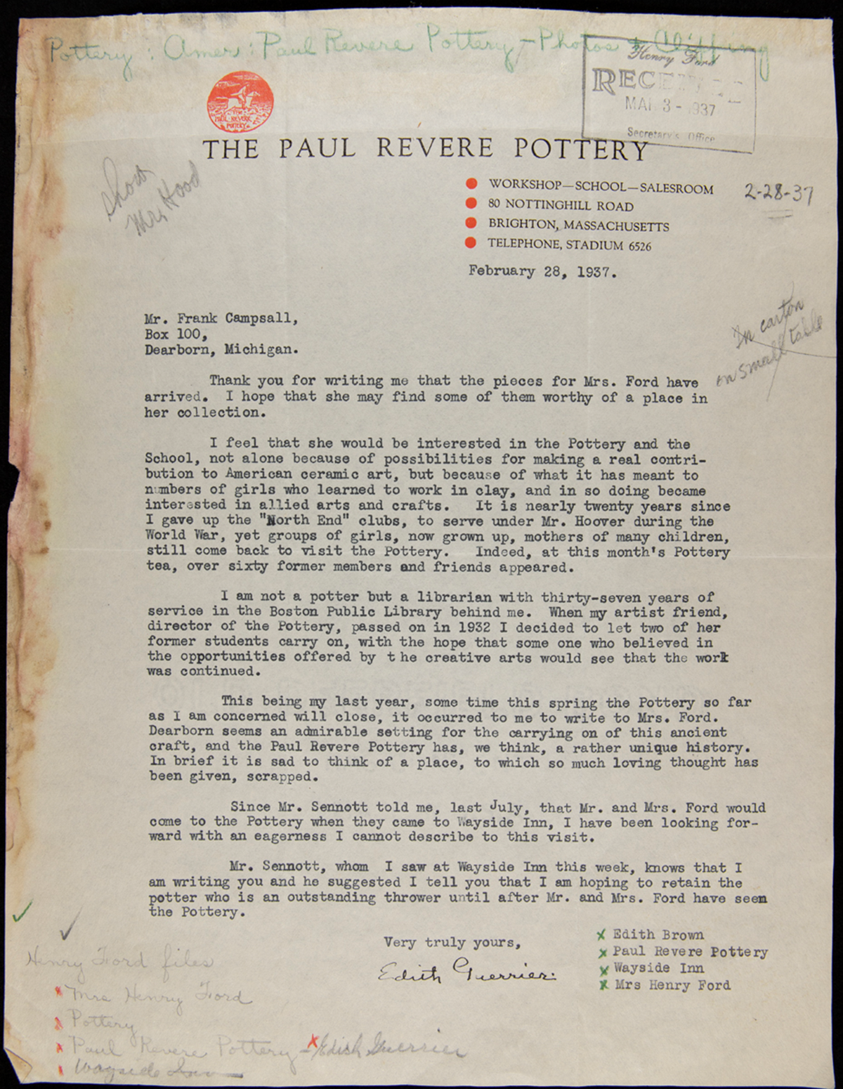 Letter from Edith Guerrier to Frank Campsall, private secretary to Henry and Clara Ford, February 28, 1937
