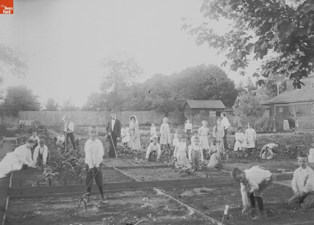 Photo by Jenny Young Chandler of children convalescing while working in the farm garden at St. Giles Home in West Hempstead, Long Island, New York, 1890-1915